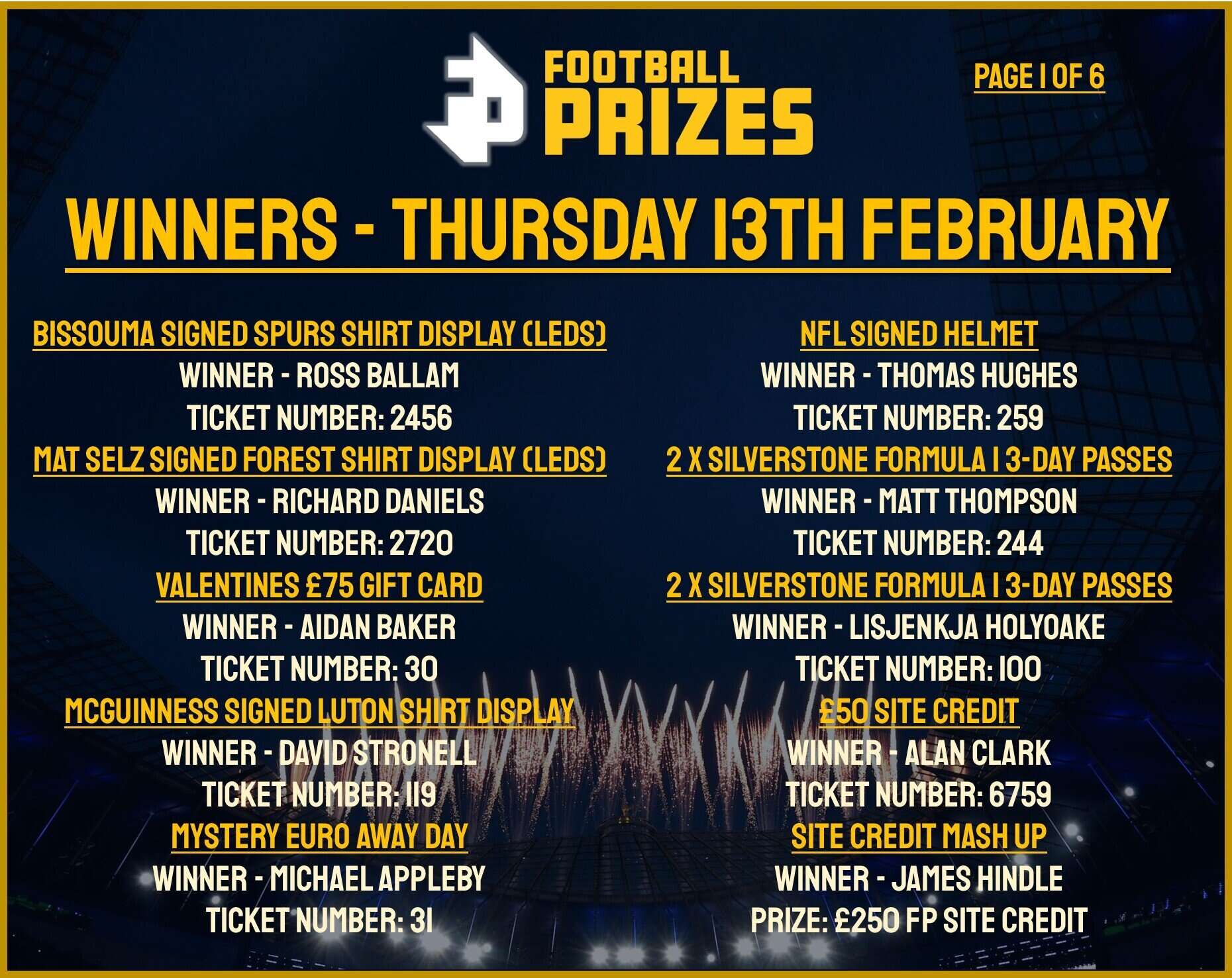 1. Thursday 13th Feb 2025 Winners