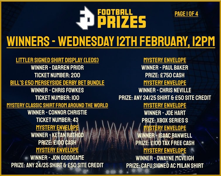1. WEDNESDAY 12TH FEB 2025 WINNERS