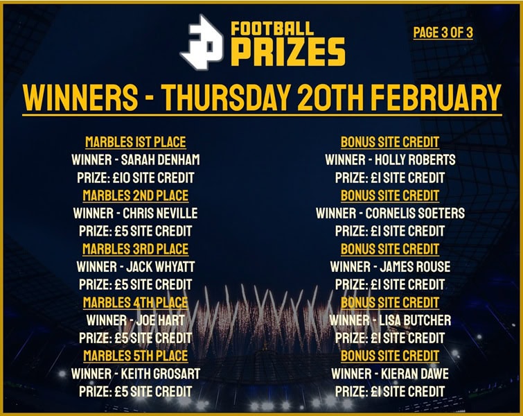 3. THURSDAY 20TH FEB 2025 WINNERS