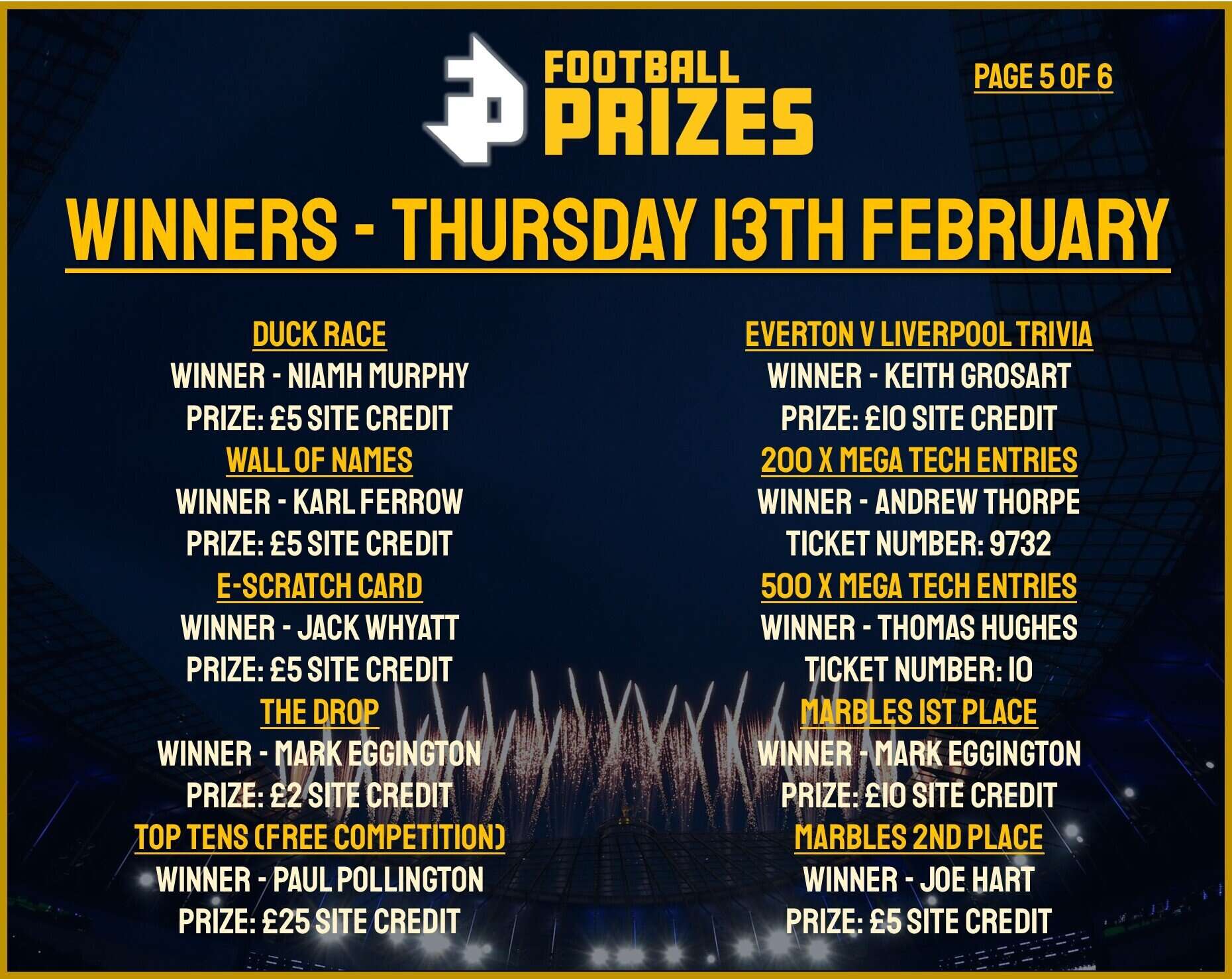 5. Thursday 13th Feb 2025 Winners